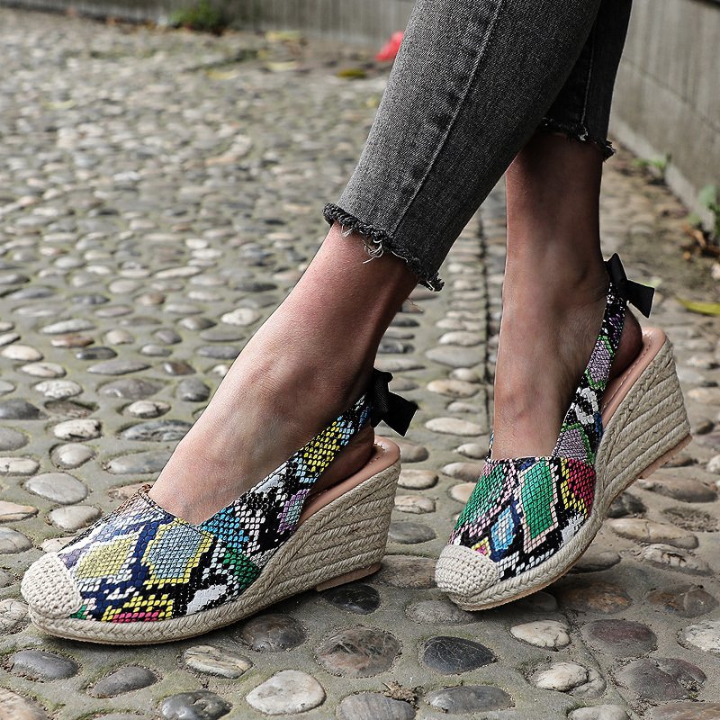 Summer New Hemp Rope Wedges Sandals Female Large Size Bow Snake Print Platform Sandals