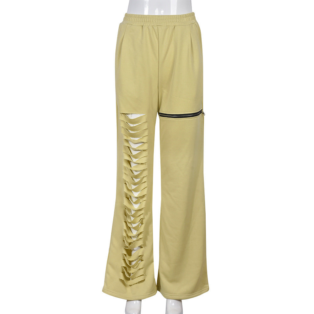 Womens Loose Casual Pants With Hollowed-Out Burnout Zipper Pockets