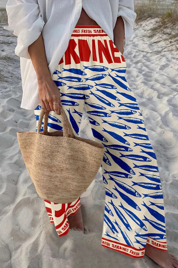 Casual Relaxed-fit Athletic Wide-leg Pants With A Fish-scale Pattern