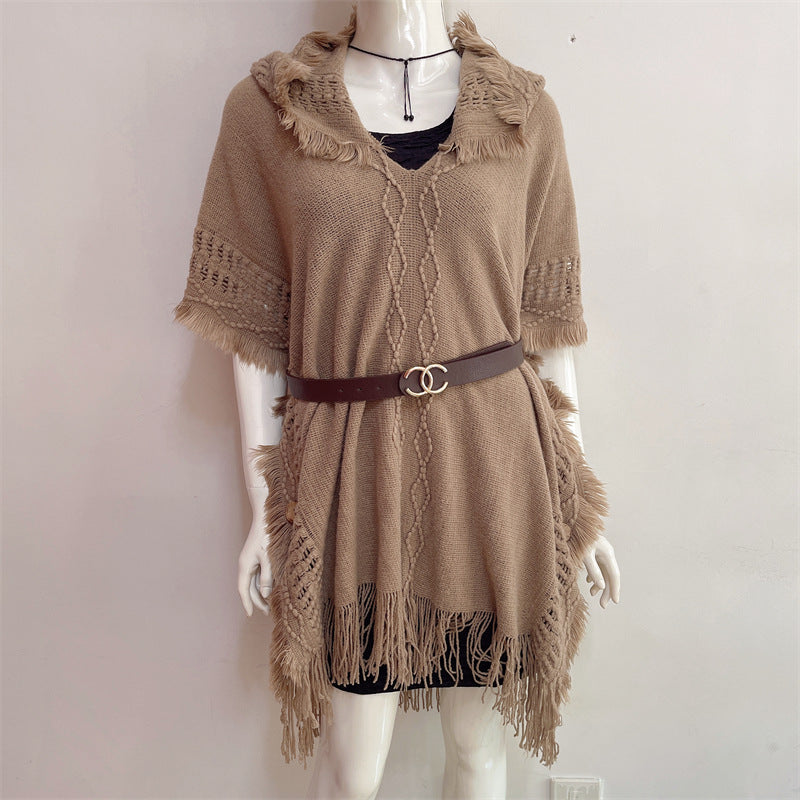 Autumn And Winter European And American Plus Size Hooded Pullover Sweater Tassel Batwing Shirt
