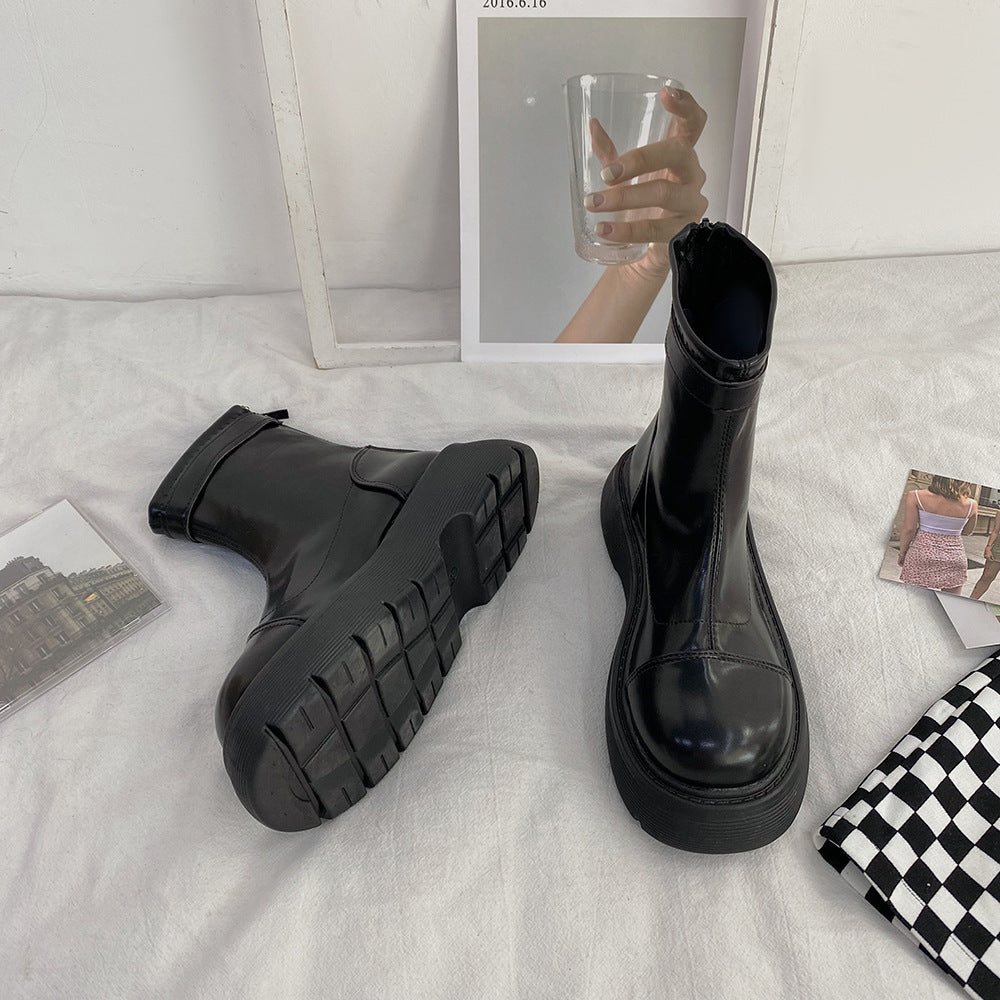 Women's Leather Short-tube Platform Martin Boots
