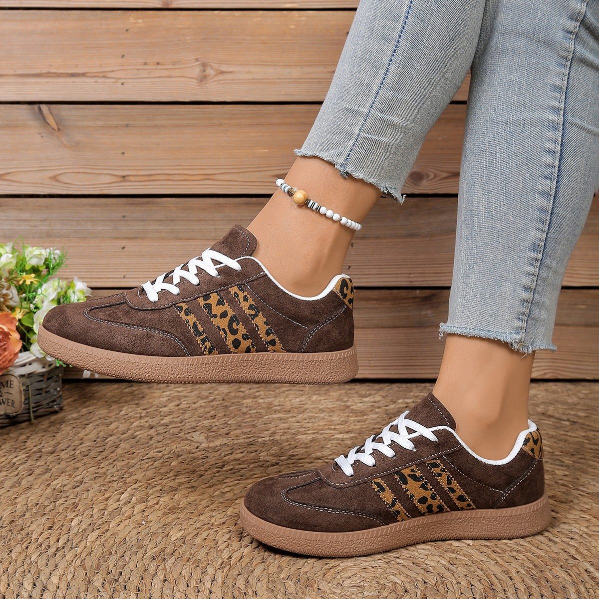 Lace-up Color-Block Round-Toe Leopard-Print Casual Shoes