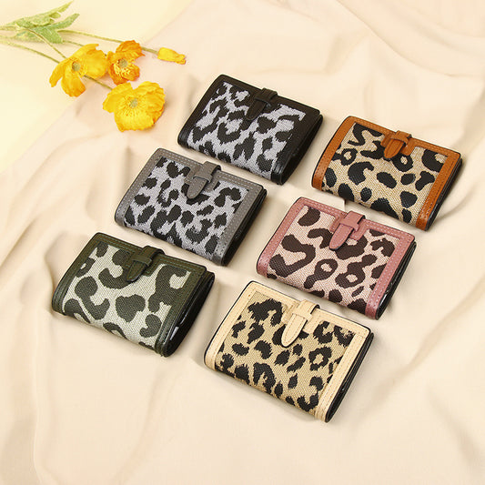 Women's Wallet Short New Leopard Print Pull-belt Multi-functional Large Capacity Tri-fold Retro Multiple Card Slots Clutch Card Holder