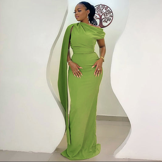 Slim Fit Elegant Solid Color One Shoulder Long Dress