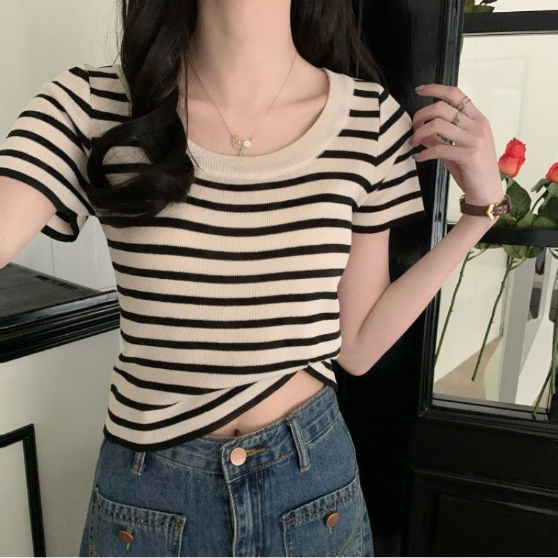 Casual Short-sleeved Slim-fit Striped T-shirt