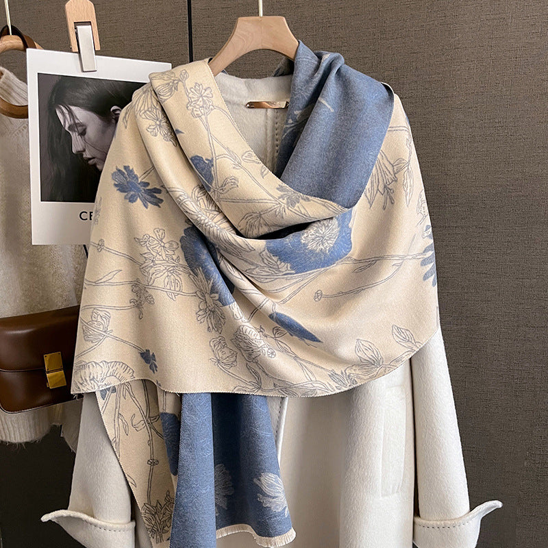 Tykt, Varmt Trykt Cashmere Tørklæde til Kvinder, Dobbeltsidet Sjal