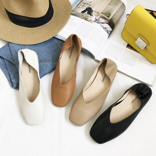Soft Leather Simple Shallow Mouth Square Toe Grandma Shoes