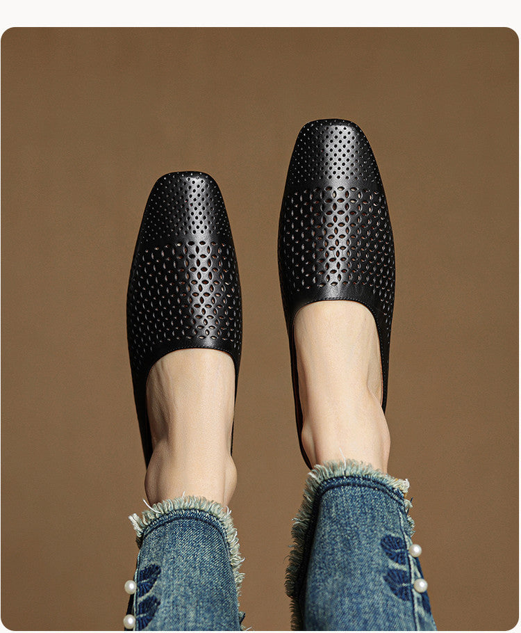 Womens Full-Grain Leather Closed-Toe Half Slippers