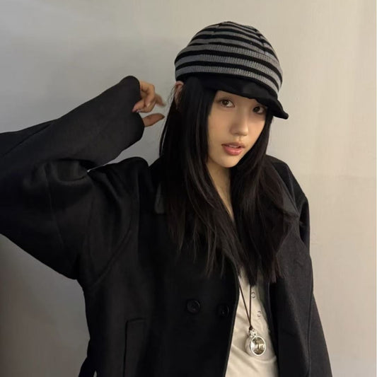 Womens Casual And Versatile Retro Striped Knitted Beret