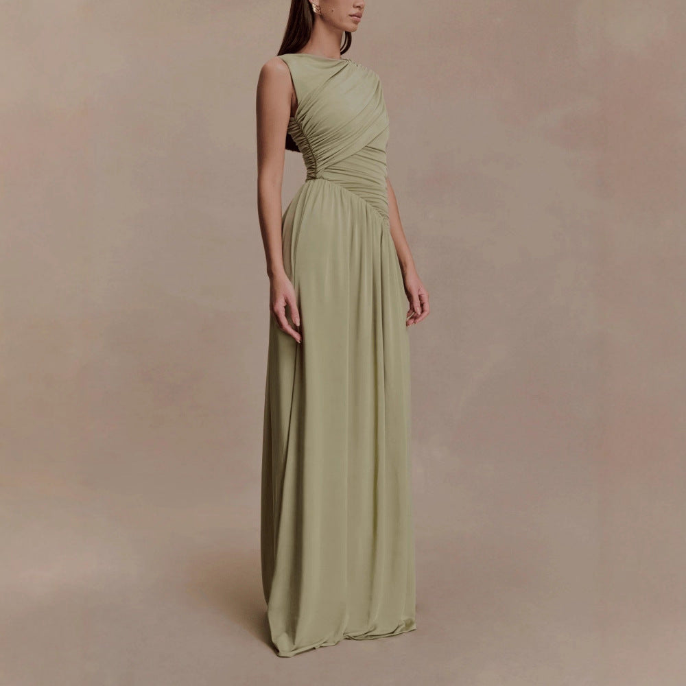 Elegant Solid-Color Pleated Asymmetrical-Neck Bodycon Dress