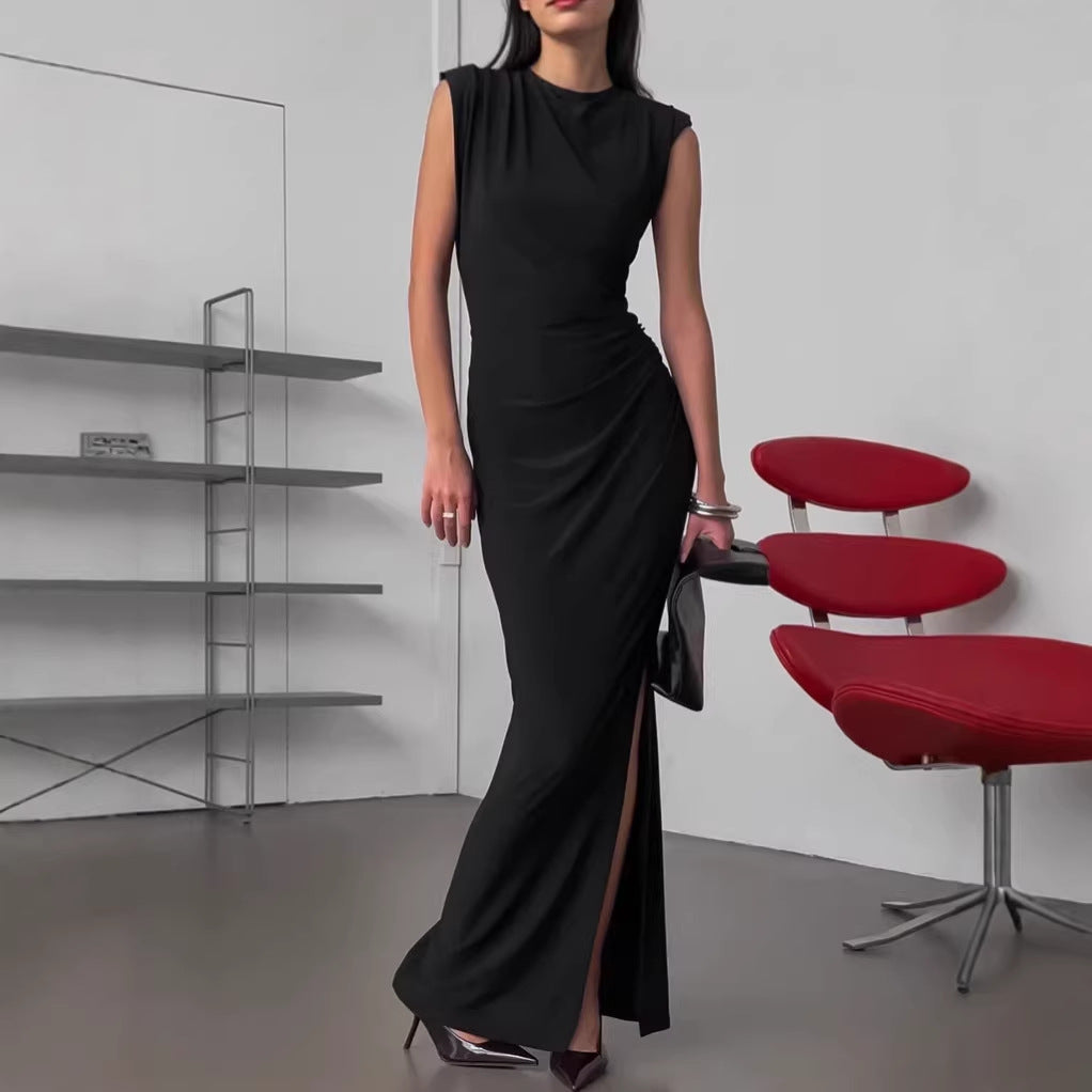 Spring Designer Crew-Neck Defined-Waist Dress For Women