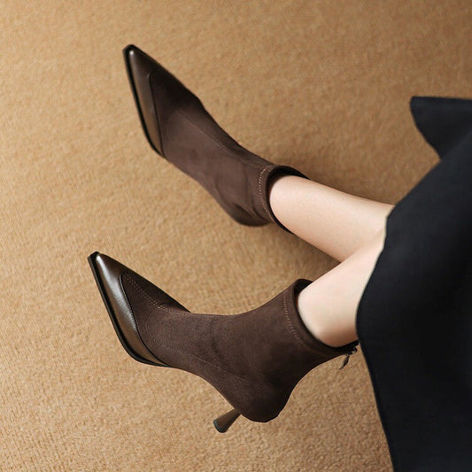 Elastic Pointed Mid-heel Ankle Boots For Women