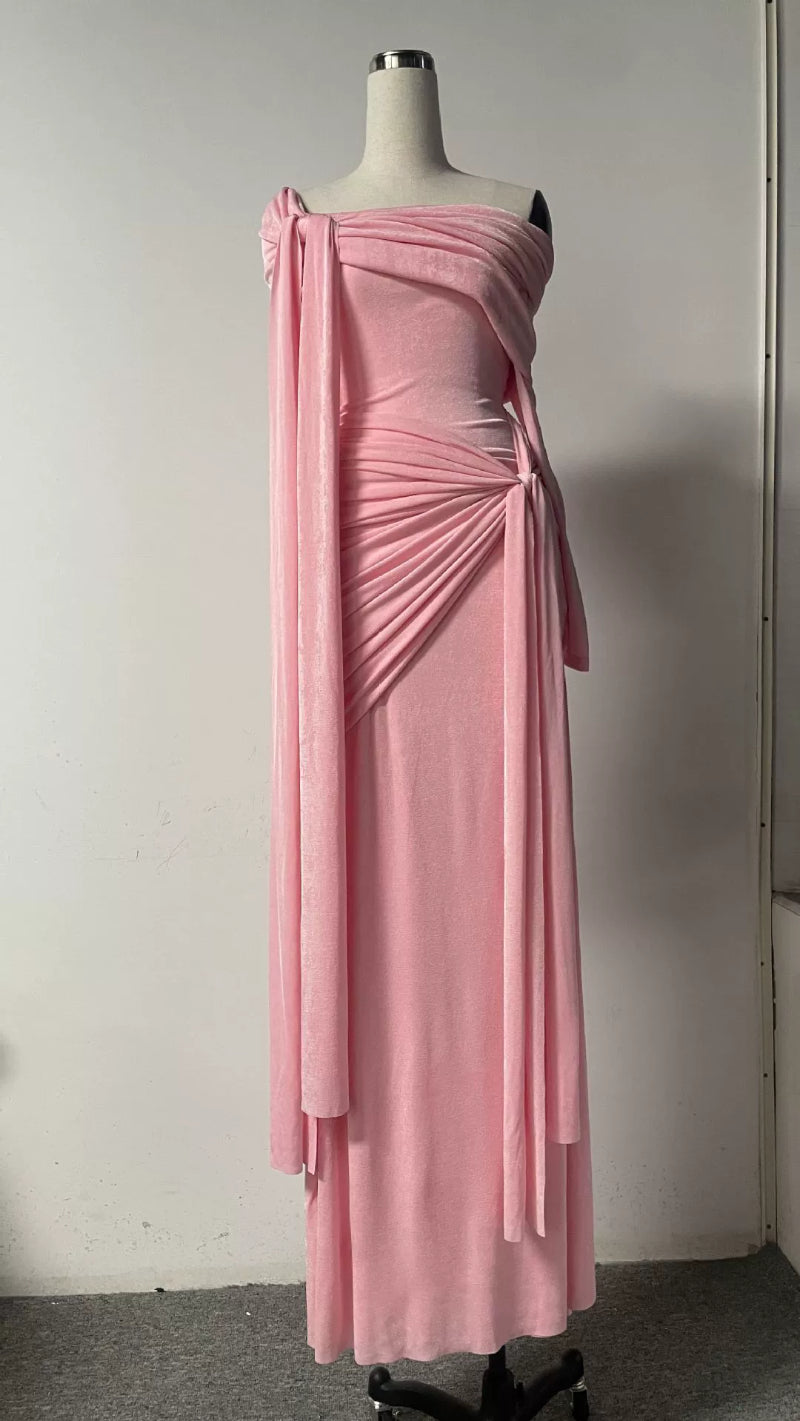 Rare Flowy Yellow Spliced Off-shoulder Dress With Irregular Pleats And Draped Shoulder Detailing