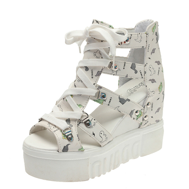 Platform Wedge Fish Mouth Print Sandals