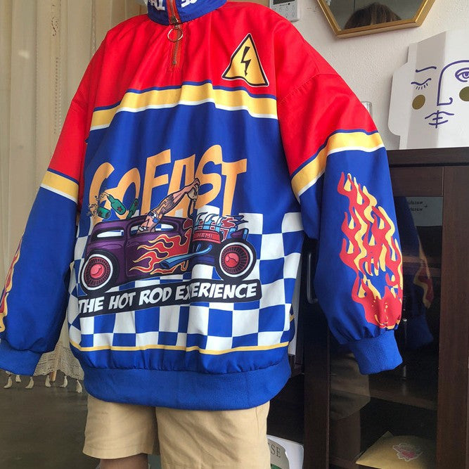 Harajuku BF Style Gade Retro Racing Print Lapel Løs Herre og Dame Pullover Sweaterfrakke