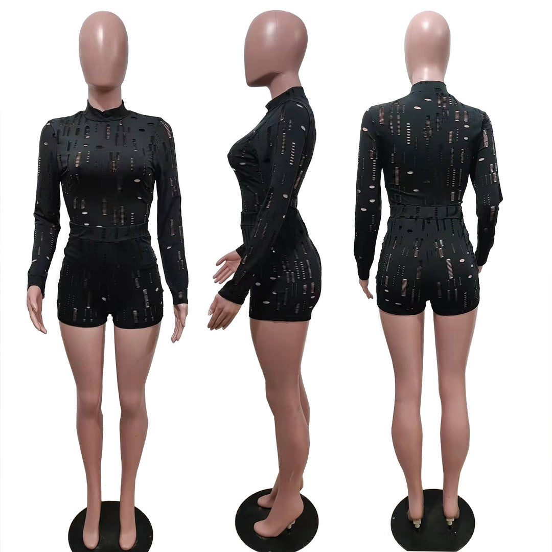 Elastic Ripped Turtleneck Long-sleeved Top Pencil Pants Set