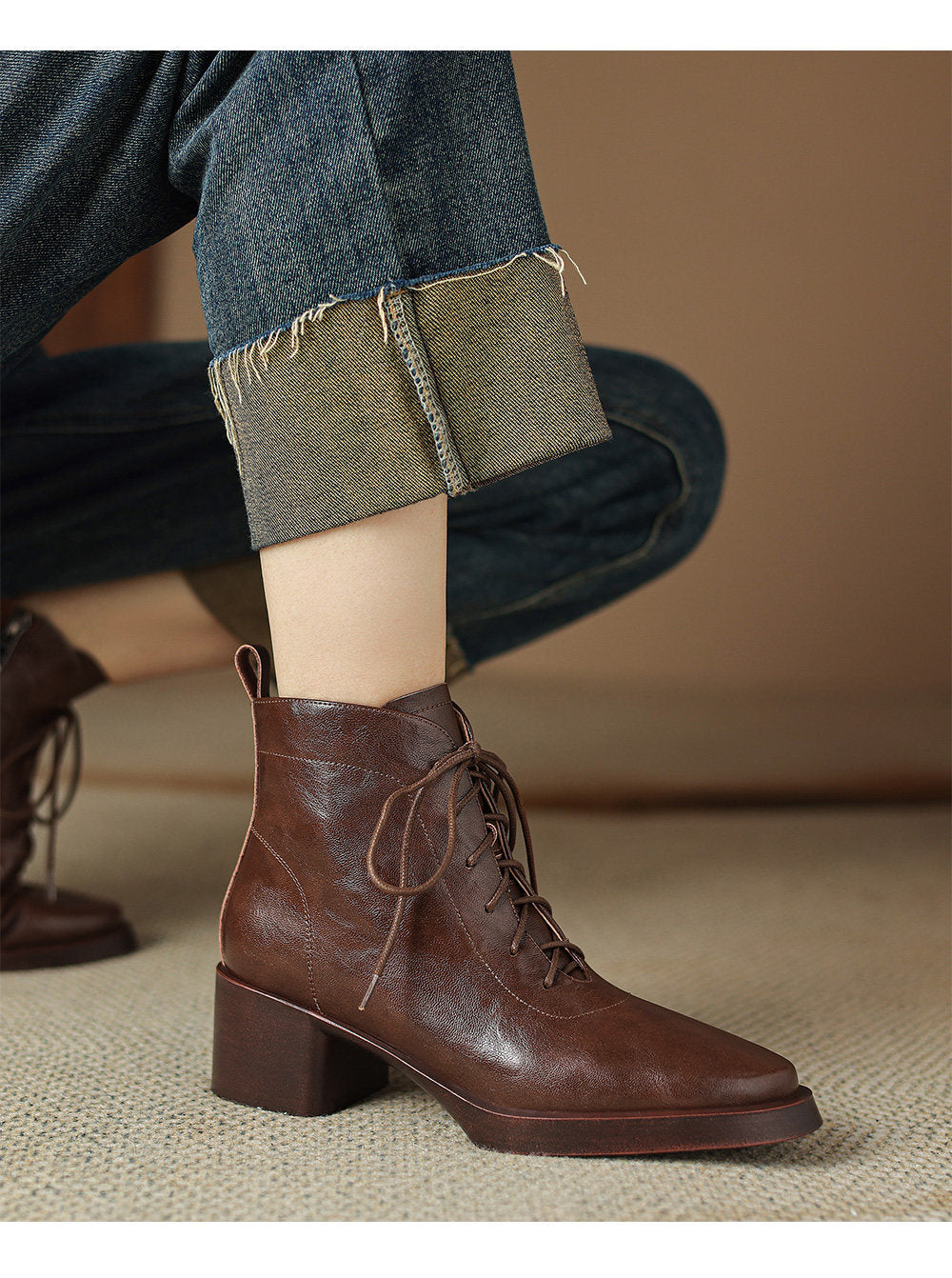 Retro Brown Leather Lace-up Boots