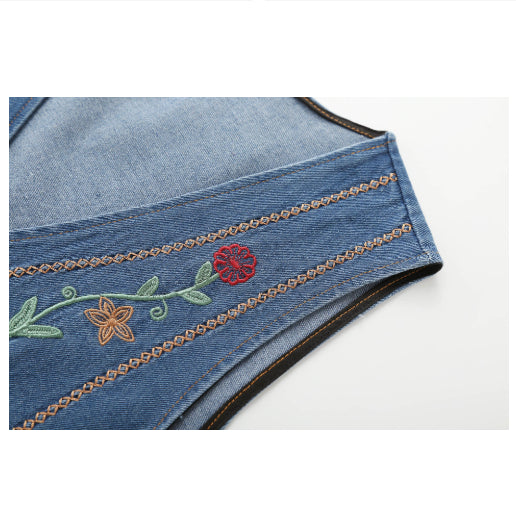 Heavy-Duty Embroidered Ethnic-Style V-Neck Denim Vest