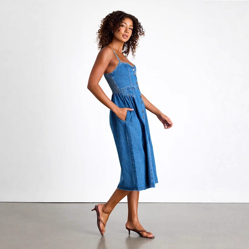 Retro V-neck Cardigan Denim Slip Dress Womens Clothing