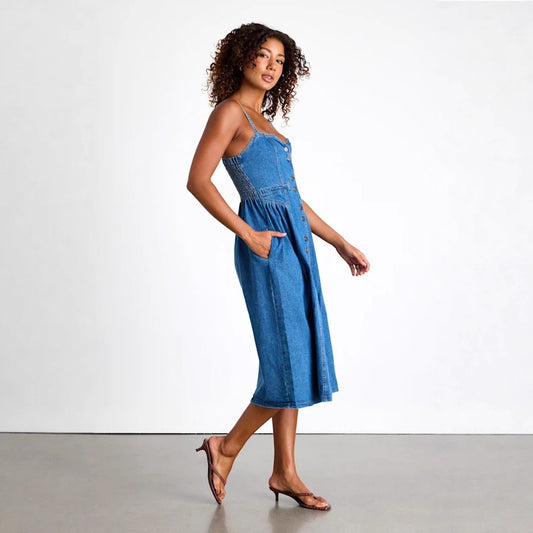 Retro V-neck Cardigan Denim Slip Dress Womens Clothing