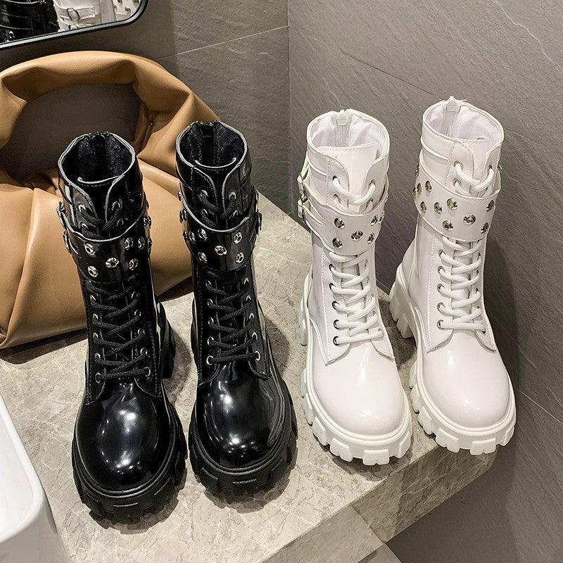 Platform Martin Boots With Round Toe Belt Buckle