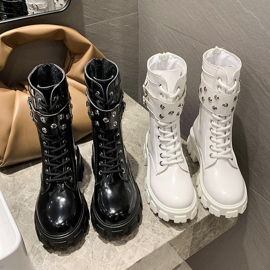 Platform Martin Boots With Round Toe Belt Buckle