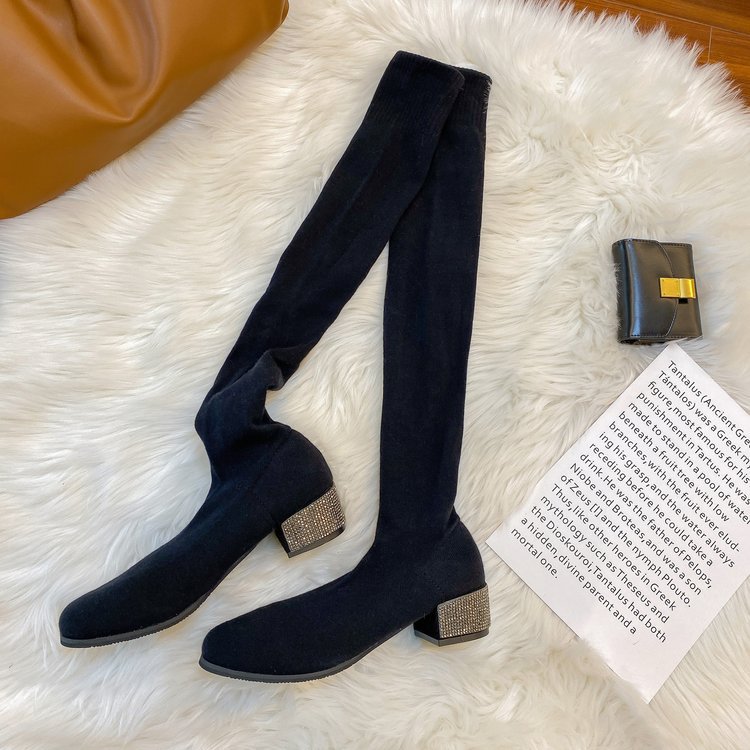 Womens Thigh High Stretch  Breathable Pointed Toe Rhinestone Thick Heel Knitting Sock Boots