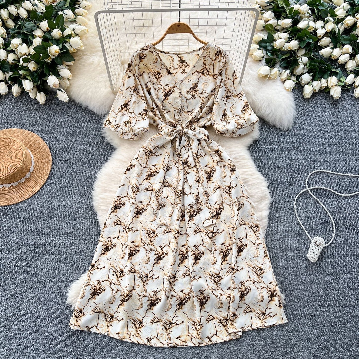 French Retro-Style High-End Printed Puff Sleeve Dress