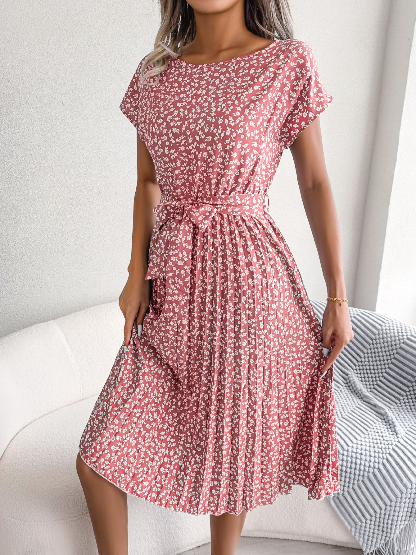 Women   Casual Short Sleeve Floral Print Flowy Pleated Skirt