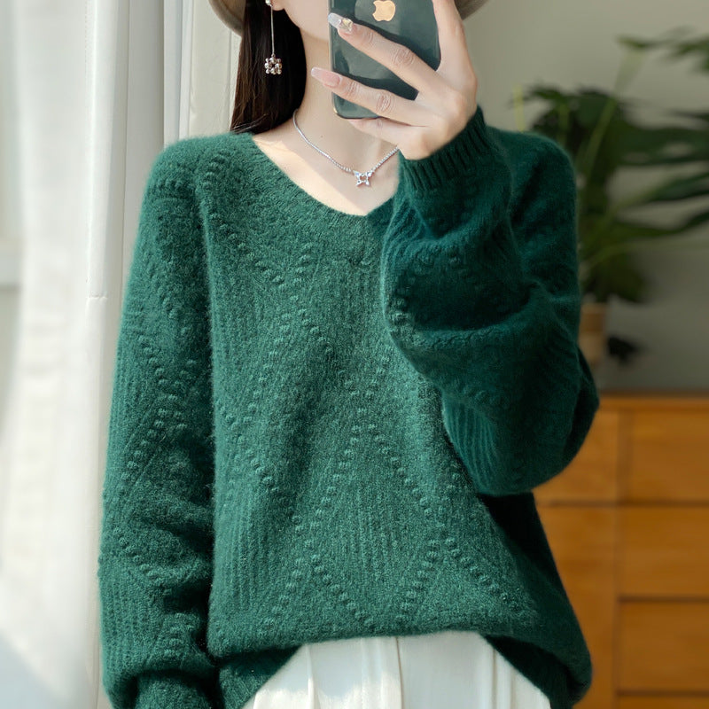 Autumn And Winter New Thickened V-neck Sweater Diamond Twisted Loose