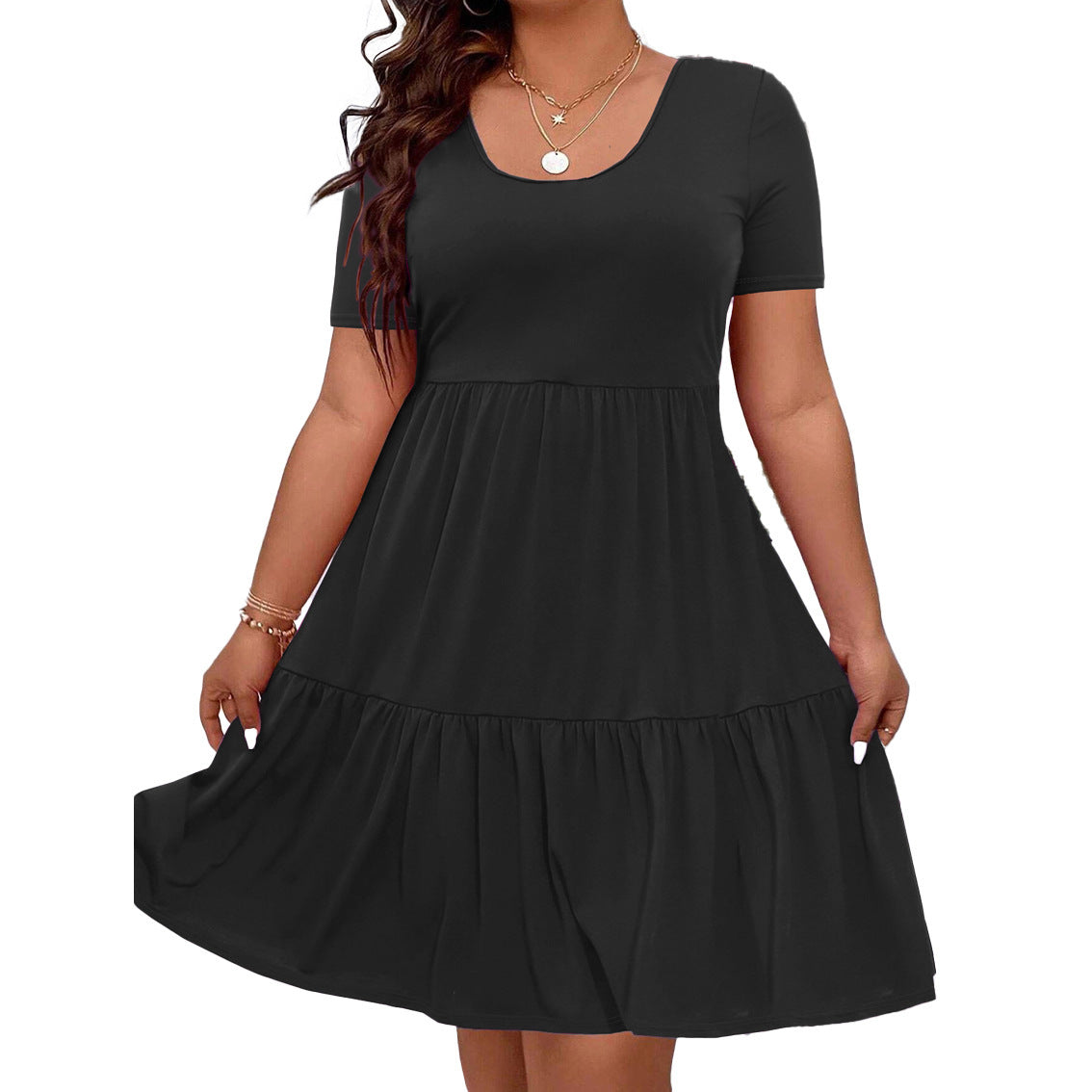 Plus-size Womens Pleated Solid-color Crewneck Dress