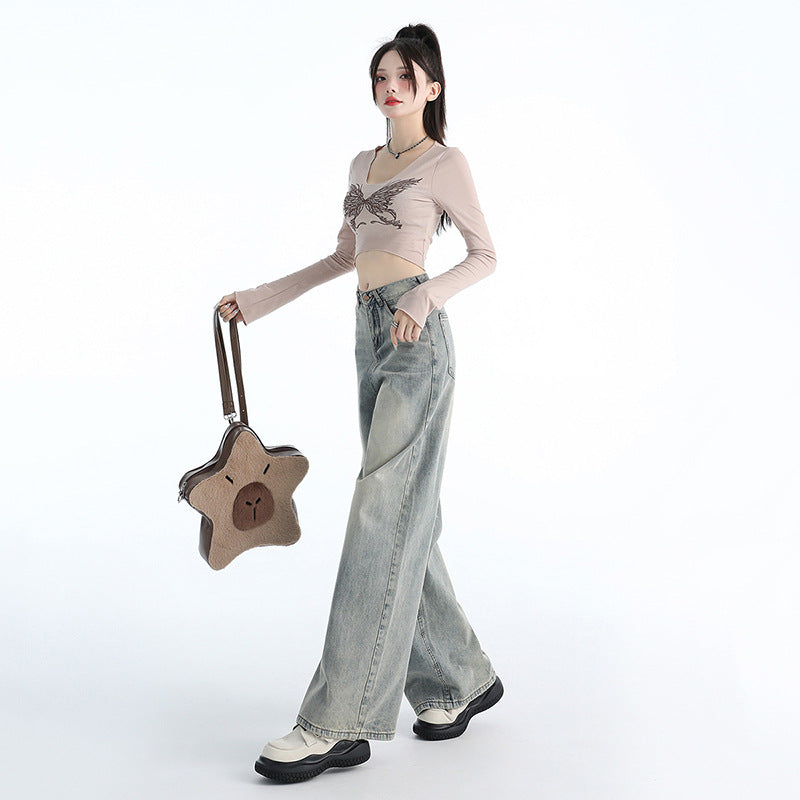 Jeans Washed Loose Drooping Draggle-tail Straight Trousers