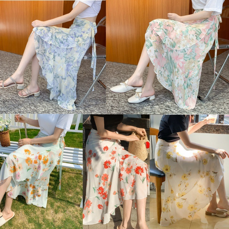 Vacation Style Floral Skirt Chiffon Dress Skirt One-piece Ruffled