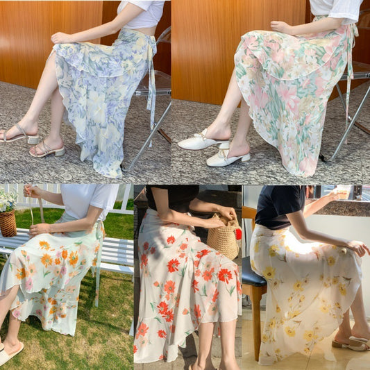 Vacation Style Floral Skirt Chiffon Dress Skirt One-piece Ruffled