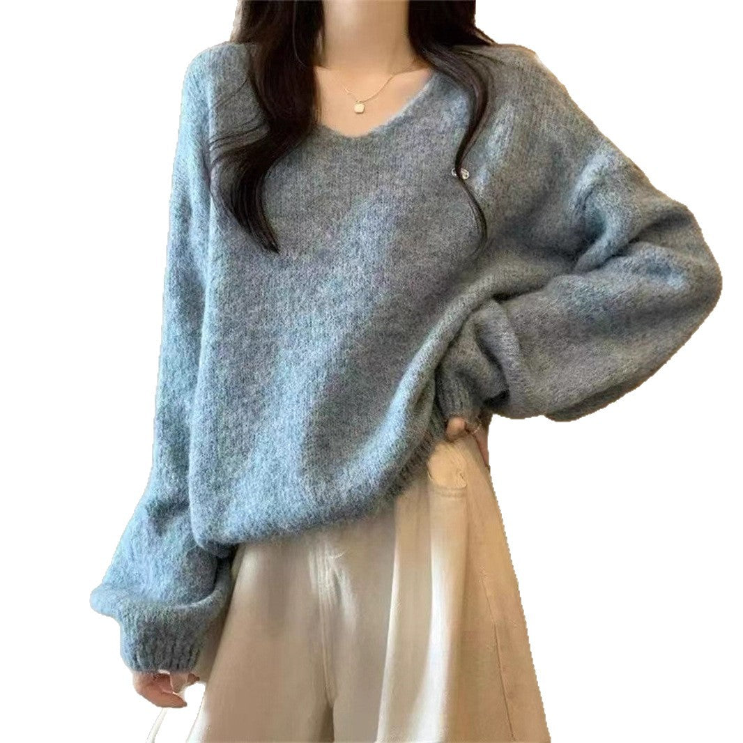 Loose V-neck Fluffy Versatile Casual Minimalist Knit Top