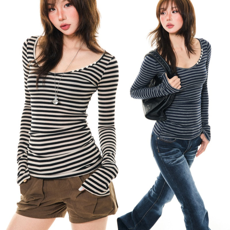 Womens Slim-Fit Long-Sleeve Striped T-Shirt In American Style