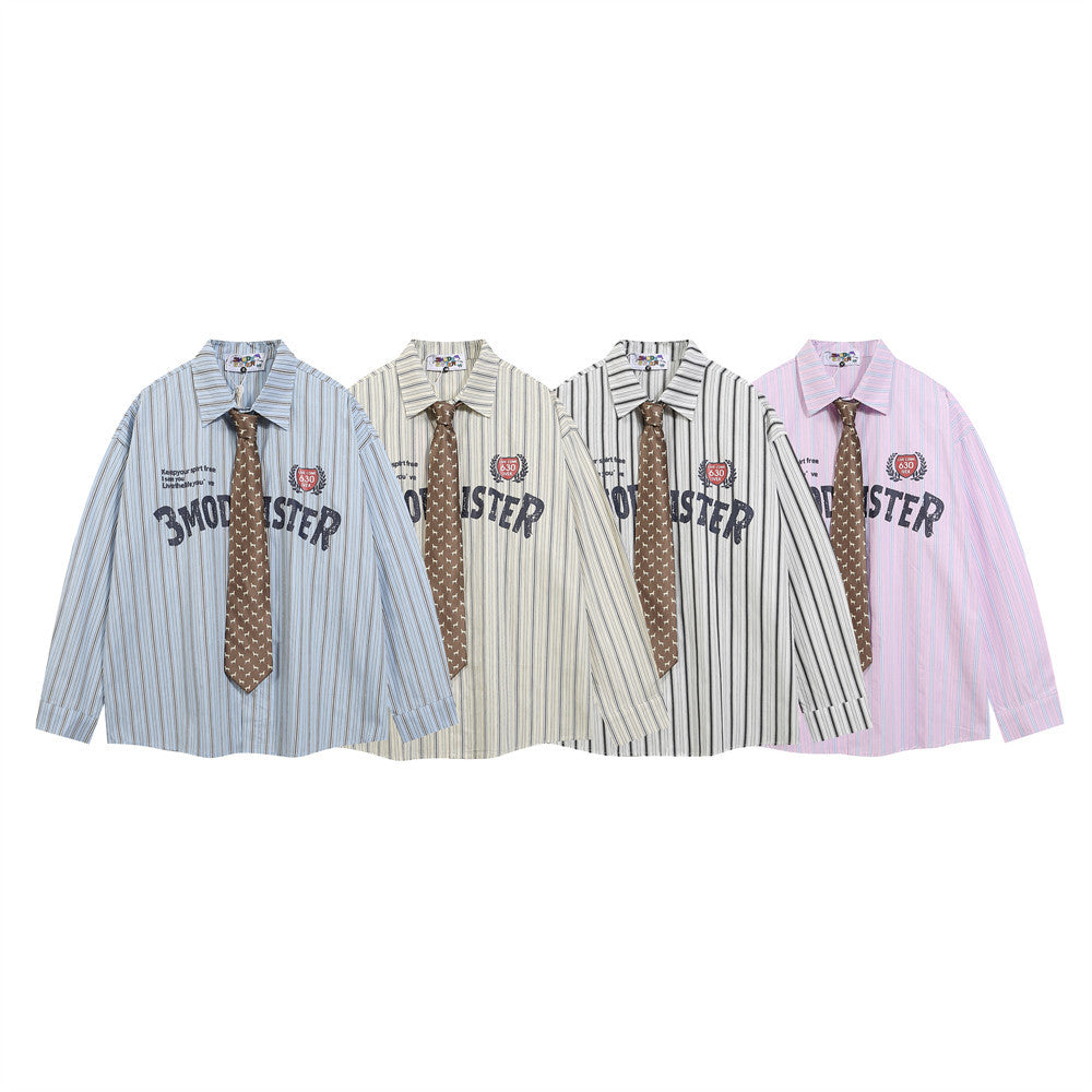 Letter Print With Tie Vertical Stripes Long Sleeve Shirt For Men