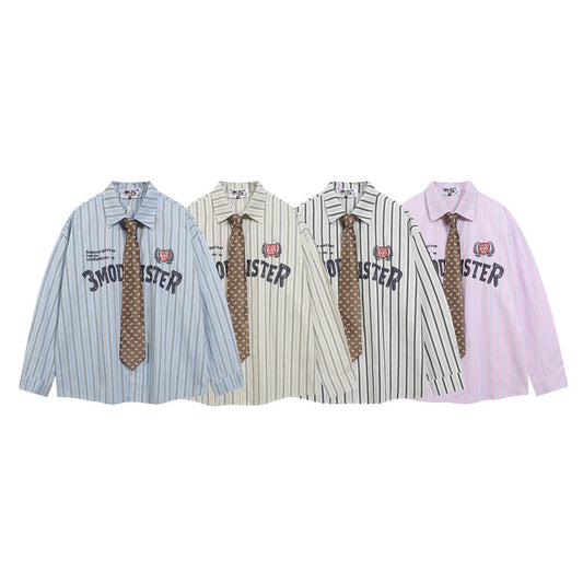 Letter Print With Tie Vertical Stripes Long Sleeve Shirt For Men