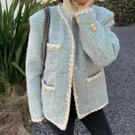 Women's Autumn Retro Crew Neck Single-breasted Loose Wool Short Coat