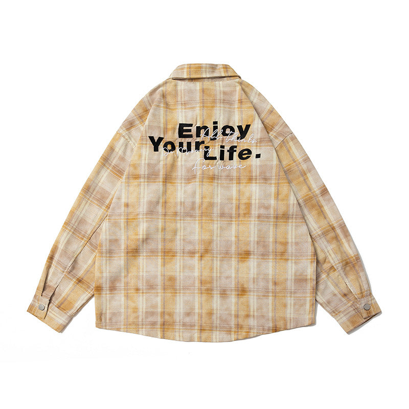 American-style Retro Alphabet Embroidered Plaid Long-sleeved Shirt