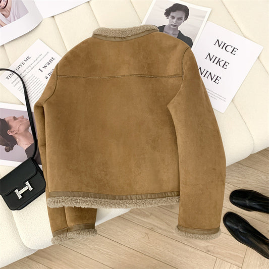 Classic Style Fur Single-breasted Crew Neck Coat Women