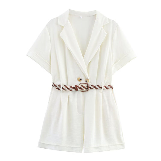 European And American Style Fashion Woven Belt Short-sleeved Jumpsuit