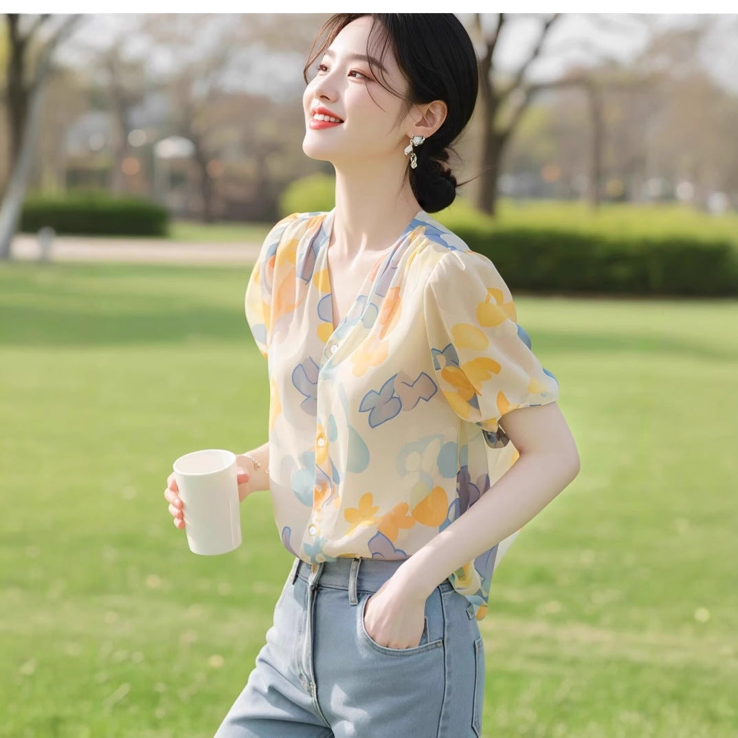 Women's Casual And Versatile Chiffon Short Sleeve Shirt