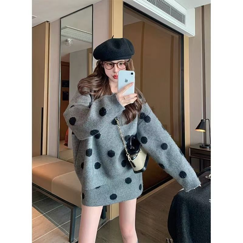 Fashion Casual Loose Knitted Top Sweater Dress Two-piece Set