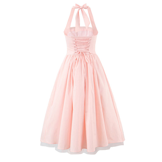 Slim Fit Neck Hanging Collar Lace Up Hard Mesh Dress