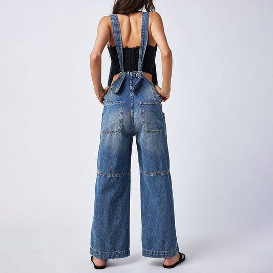Pocket Sling Adjustable Strap Wide-leg Overalls Denim Jumpsuit