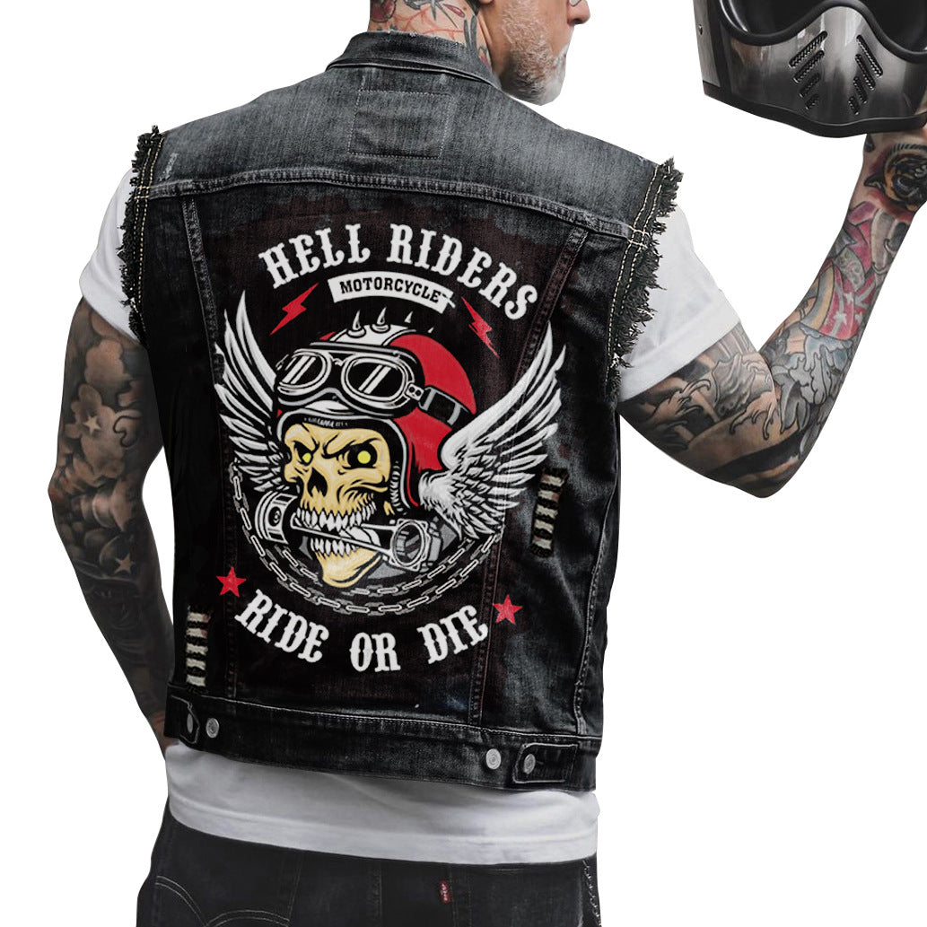 Casual Motorcycle Bone Print Punk Denim Vest
