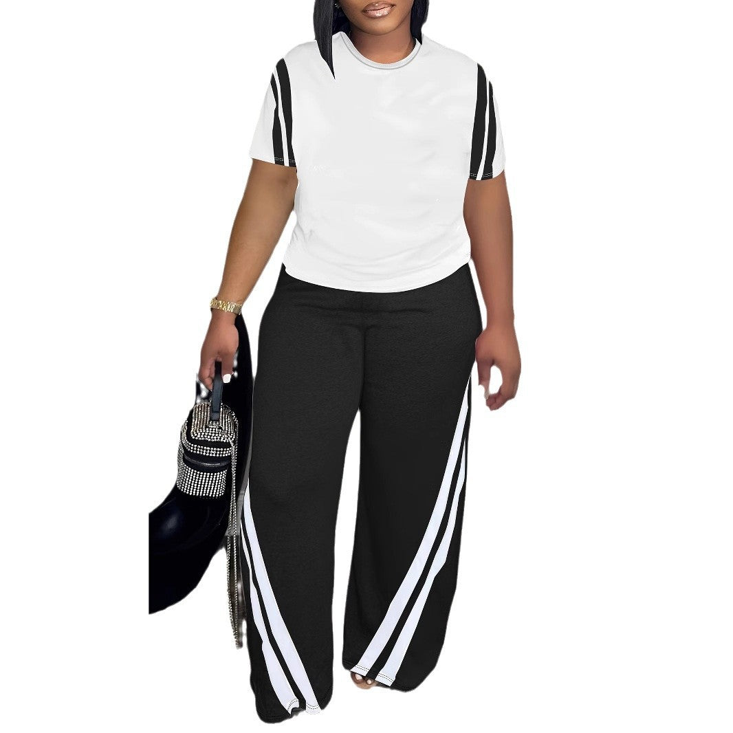Plus-size Striped Printed Two-piece Set Crew-neck Short-sleeve Top And Pants