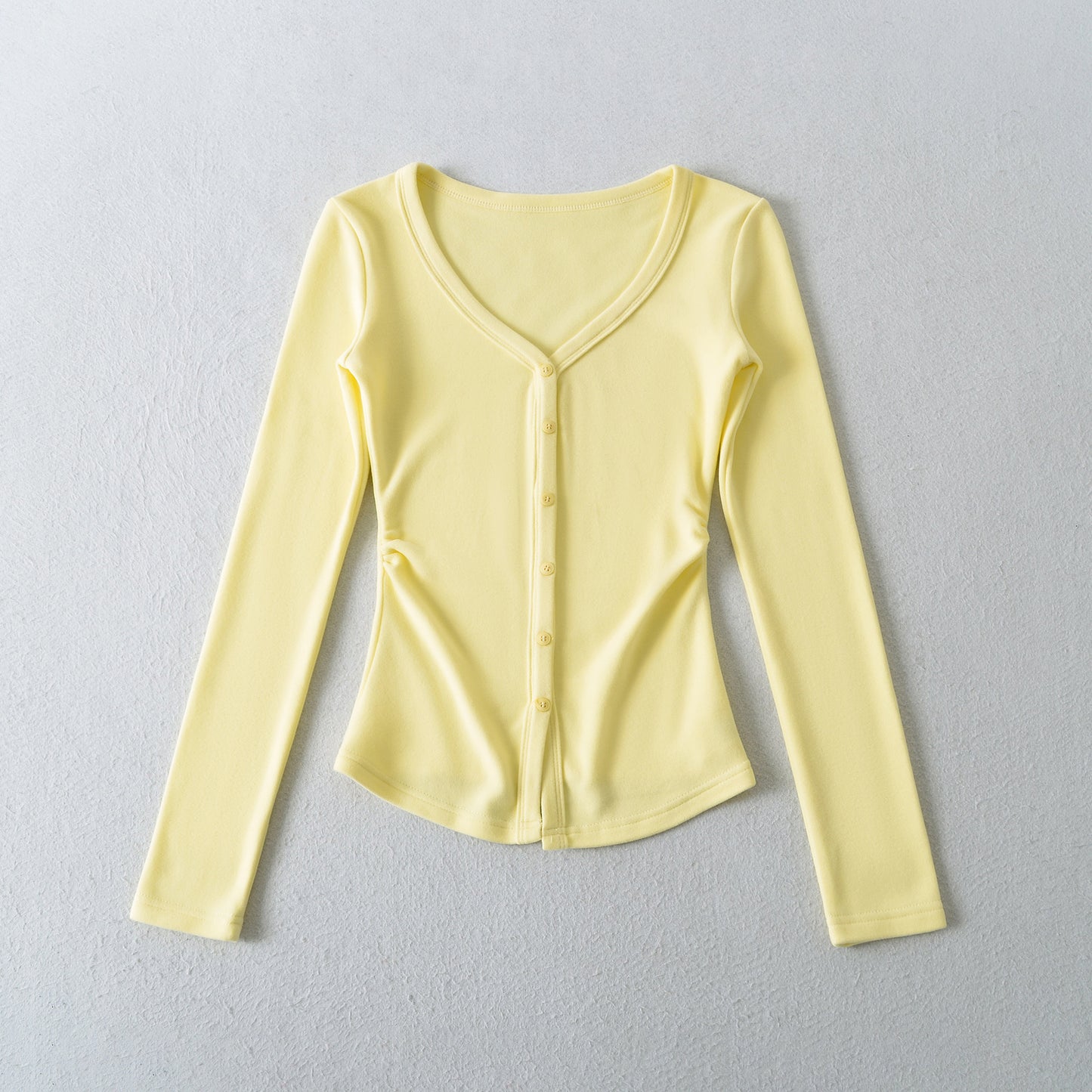 Macaron-colored V-neck Button-front Waist-cinching Top With Long Sleeves