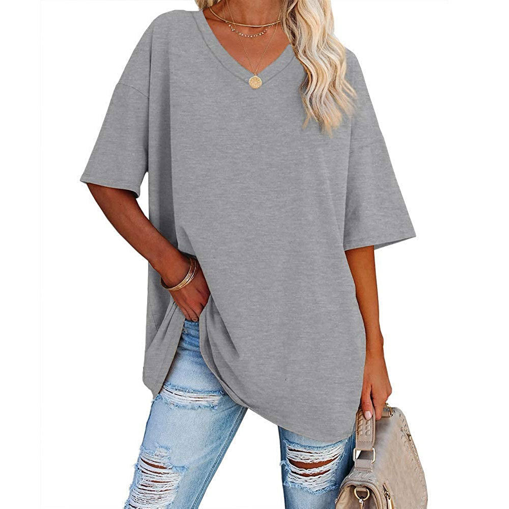 European And American Women's Loose Short-sleeved V-neck T-shirt